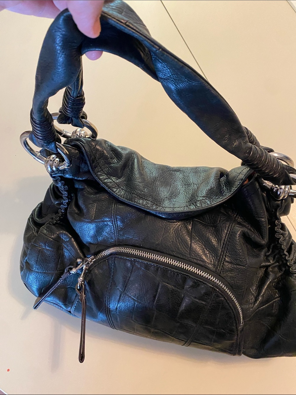 b. makowsky Black Leather Shoulder Bag with Leopard-Print Lining - Picture 3 of 15